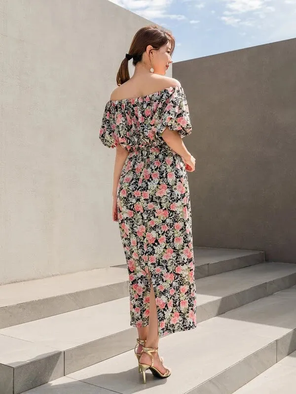 CM-DS424941 Women Trendy Bohemian Style Floral Print Off Shoulder Ruffle Trim Split Back Dress