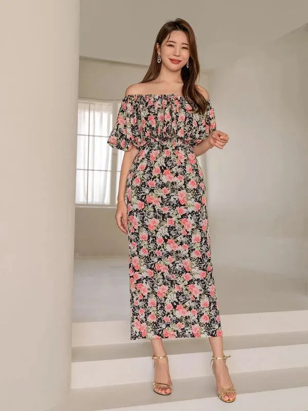CM-DS424941 Women Trendy Bohemian Style Floral Print Off Shoulder Ruffle Trim Split Back Dress