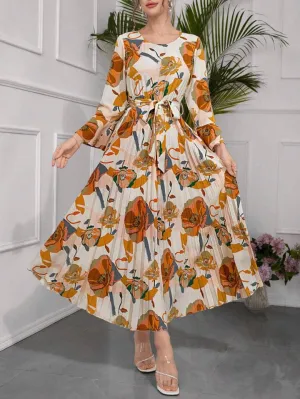 CM-DS433038 Women Trendy Bohemian Style Floral Print Round Neck Flare Sleeve A-Line Dress