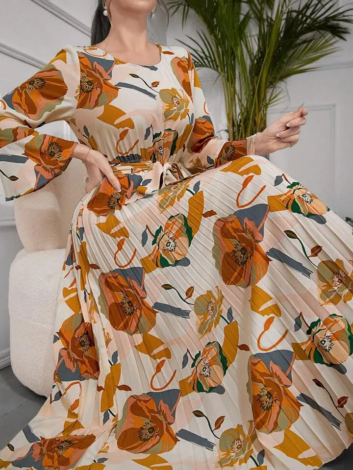 CM-DS433038 Women Trendy Bohemian Style Floral Print Round Neck Flare Sleeve A-Line Dress