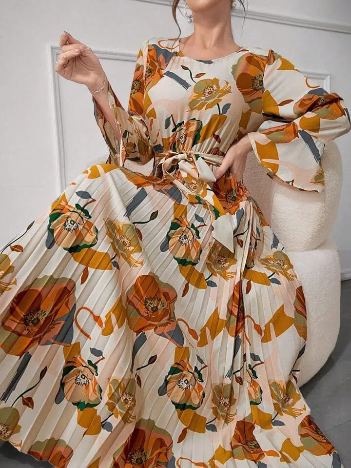 CM-DS433038 Women Trendy Bohemian Style Floral Print Round Neck Flare Sleeve A-Line Dress