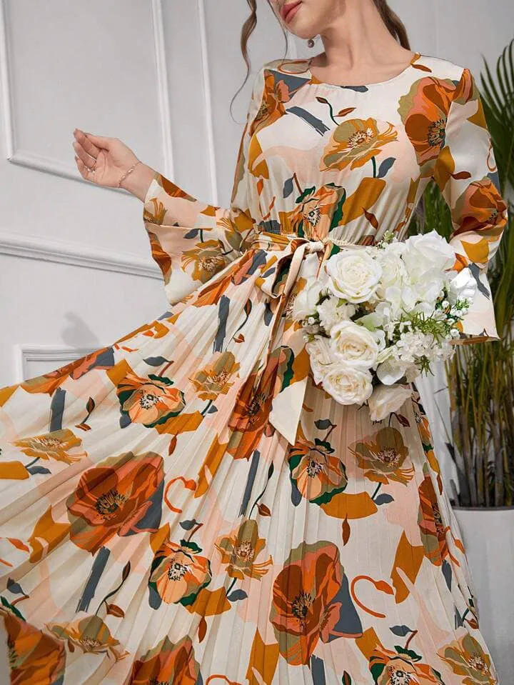 CM-DS433038 Women Trendy Bohemian Style Floral Print Round Neck Flare Sleeve A-Line Dress