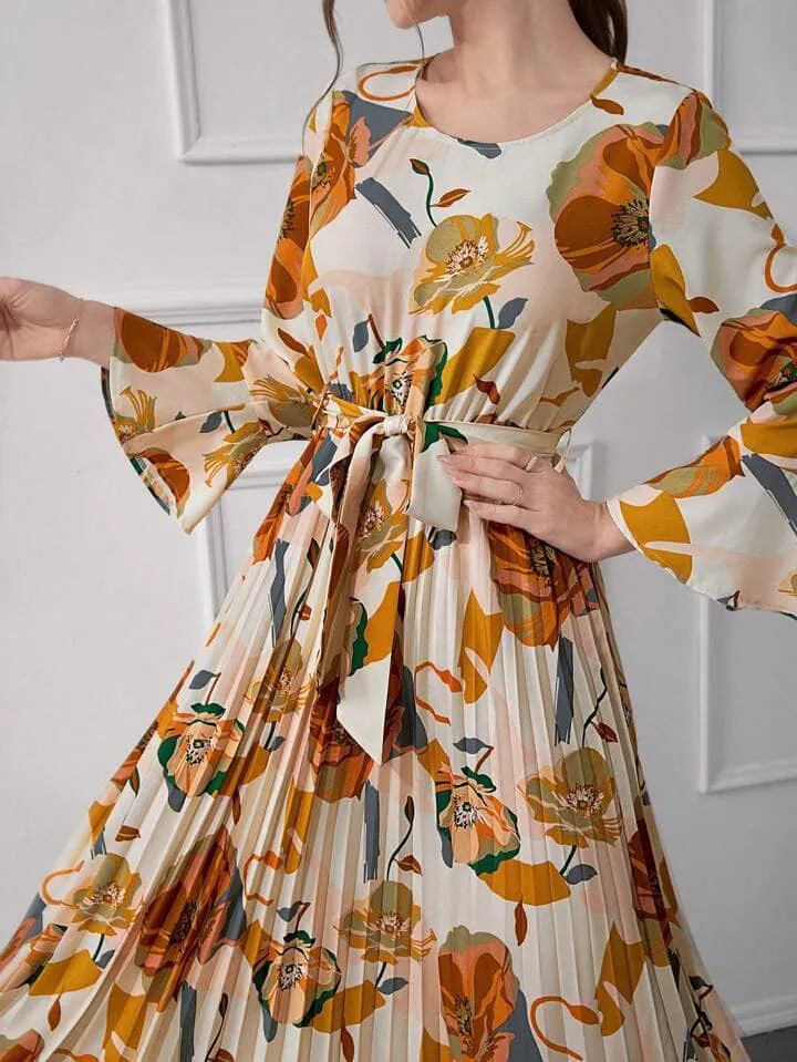 CM-DS433038 Women Trendy Bohemian Style Floral Print Round Neck Flare Sleeve A-Line Dress