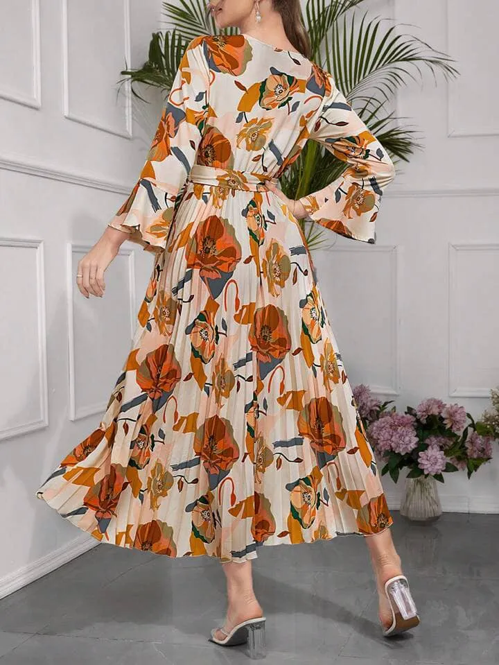 CM-DS433038 Women Trendy Bohemian Style Floral Print Round Neck Flare Sleeve A-Line Dress