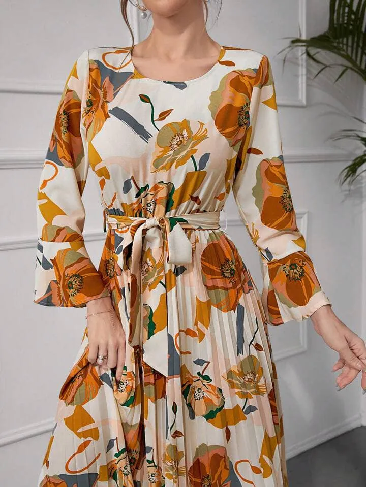 CM-DS433038 Women Trendy Bohemian Style Floral Print Round Neck Flare Sleeve A-Line Dress