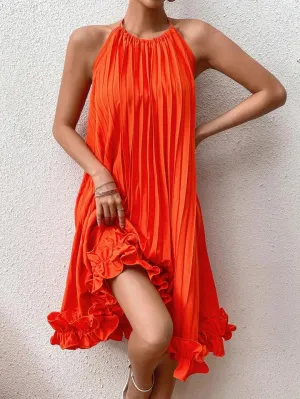 CM-DS473394 Women Trendy Bohemian Style Frill Hem Halter Pleated Midi Dress - Orange