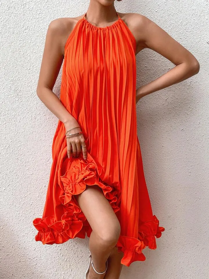 CM-DS473394 Women Trendy Bohemian Style Frill Hem Halter Pleated Midi Dress - Orange