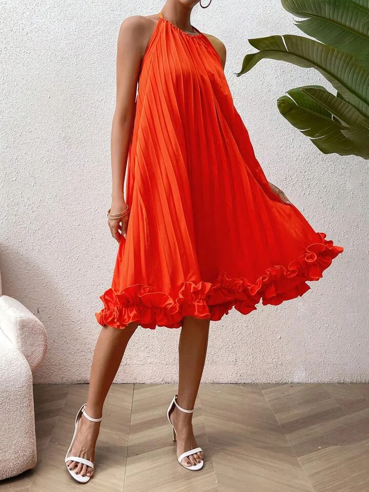 CM-DS473394 Women Trendy Bohemian Style Frill Hem Halter Pleated Midi Dress - Orange