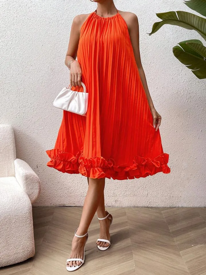 CM-DS473394 Women Trendy Bohemian Style Frill Hem Halter Pleated Midi Dress - Orange