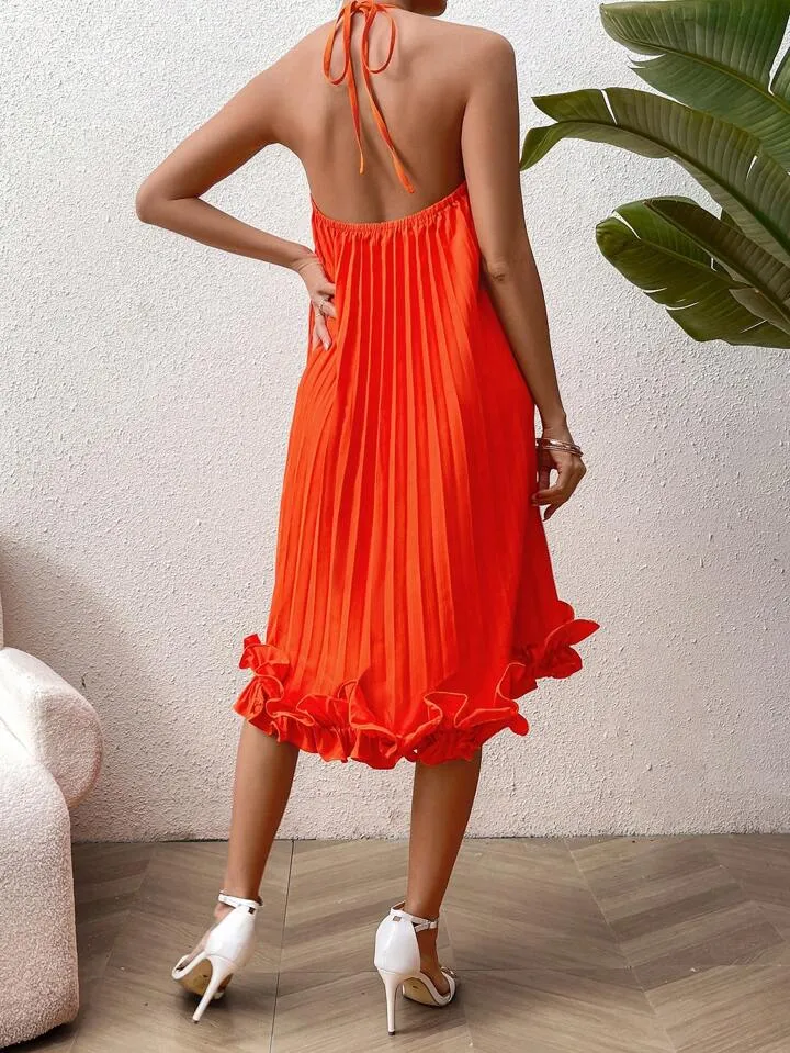 CM-DS473394 Women Trendy Bohemian Style Frill Hem Halter Pleated Midi Dress - Orange