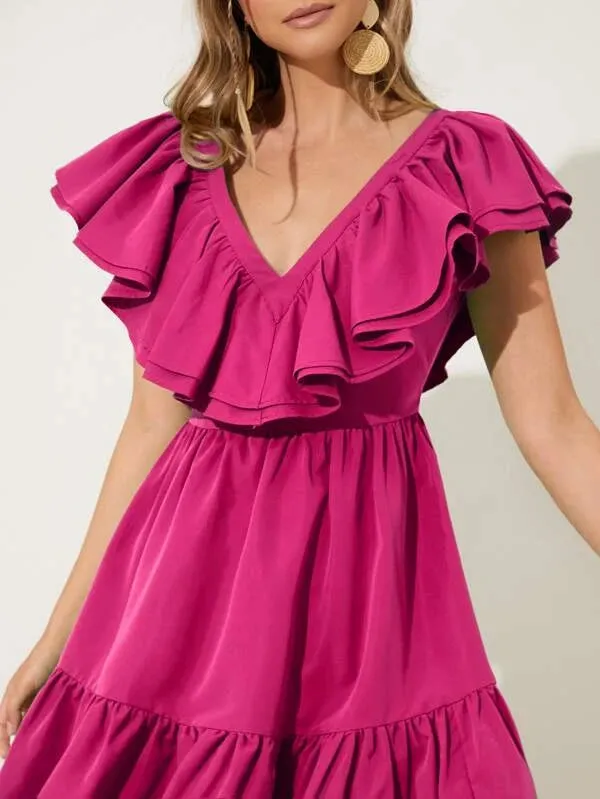 CM-DS477438 Women Trendy Bohemian Style Two Layered Trim Ruffle Hem Dress