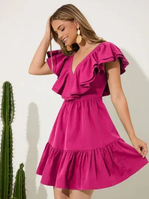 CM-DS477438 Women Trendy Bohemian Style Two Layered Trim Ruffle Hem Dress