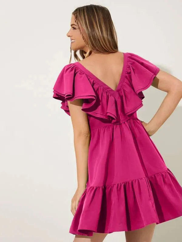 CM-DS477438 Women Trendy Bohemian Style Two Layered Trim Ruffle Hem Dress