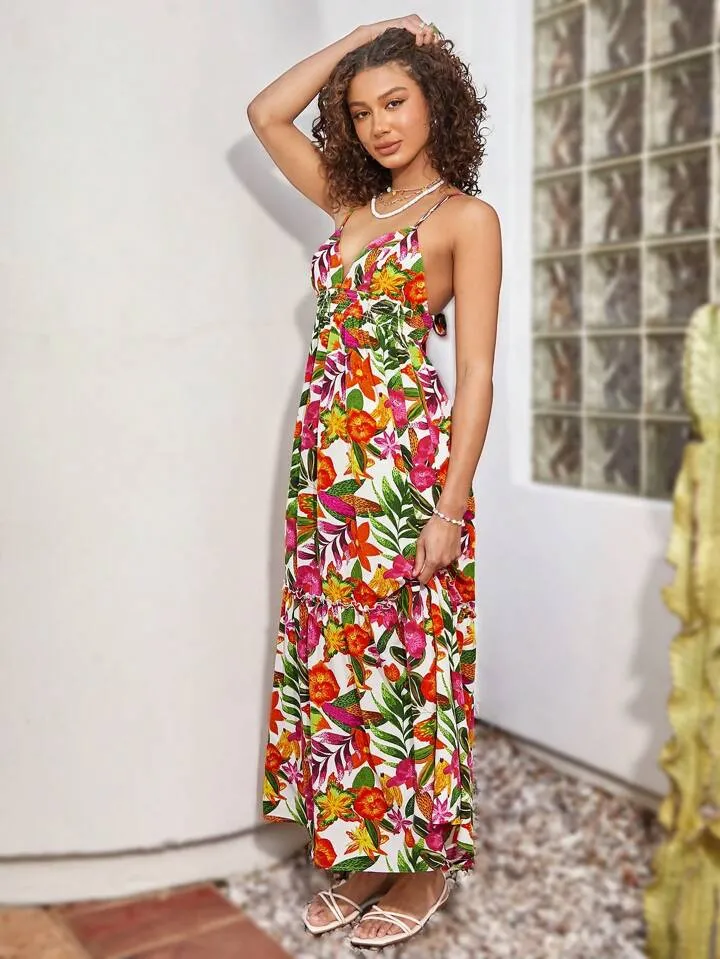 CM-DS573483 Women Trendy Bohemian Style Floral And Plant Print Strappy Backless Dress With Tie Backs