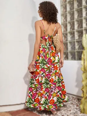 CM-DS573483 Women Trendy Bohemian Style Floral And Plant Print Strappy Backless Dress With Tie Backs
