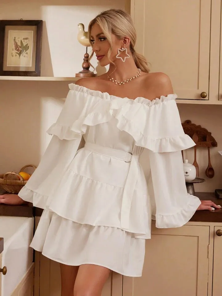 CM-DS733783 Women Trendy Bohemian Style One Shoulder Ruffle Trim Flared Sleeve Mini Dress
