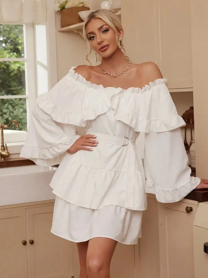 CM-DS733783 Women Trendy Bohemian Style One Shoulder Ruffle Trim Flared Sleeve Mini Dress