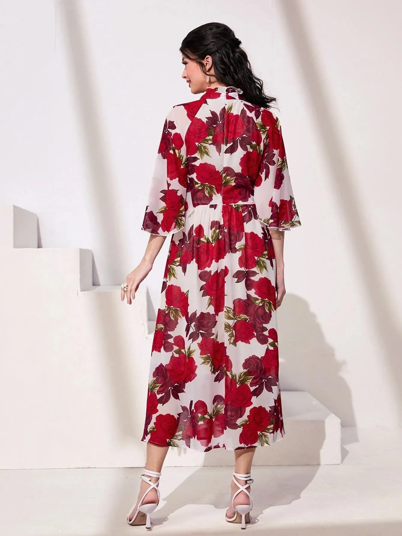 CM-DS861131 Women Trendy Bohemian Style Flounce Sleeve Floral Print Frill Neck Dress