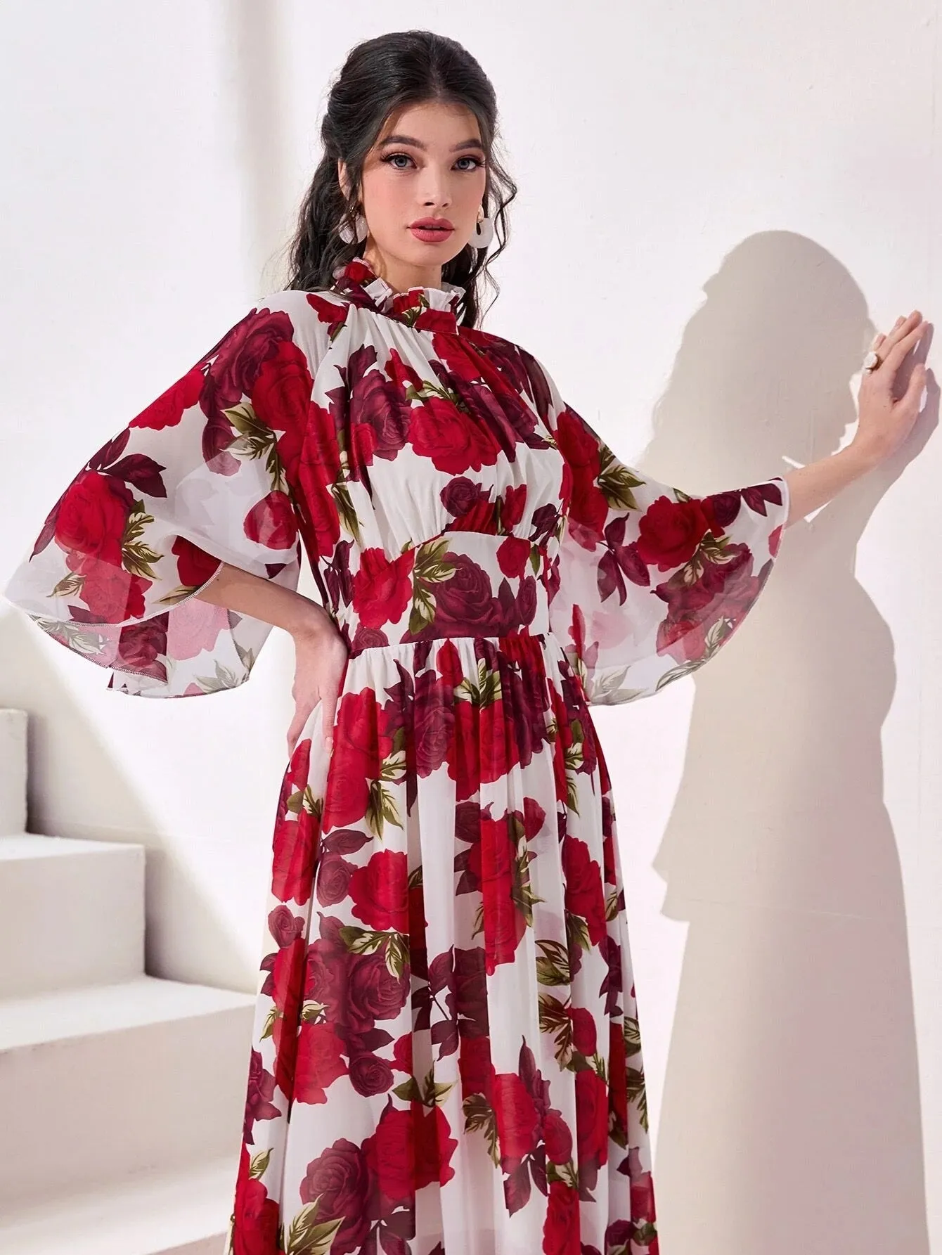 CM-DS861131 Women Trendy Bohemian Style Flounce Sleeve Floral Print Frill Neck Dress