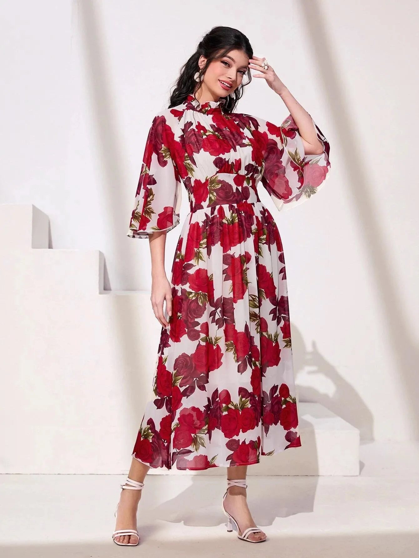 CM-DS861131 Women Trendy Bohemian Style Flounce Sleeve Floral Print Frill Neck Dress