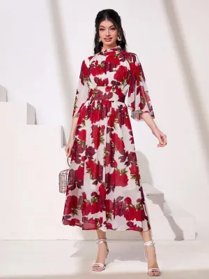 CM-DS861131 Women Trendy Bohemian Style Flounce Sleeve Floral Print Frill Neck Dress