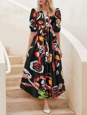CM-DS877508 Women Trendy Bohemian Style Floral Print Loose Short Sleeve V-Neck Dress - Black