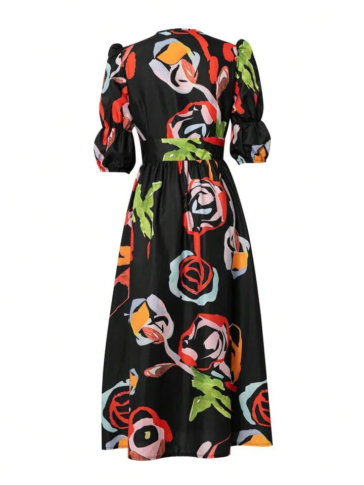 CM-DS877508 Women Trendy Bohemian Style Floral Print Loose Short Sleeve V-Neck Dress - Black
