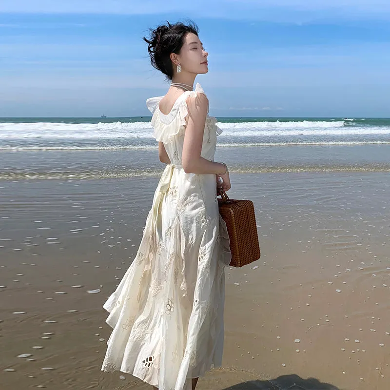 CM-DY000048 Women Trendy Bohemian Style V-Neck Sleeveless Maxi Dress - White