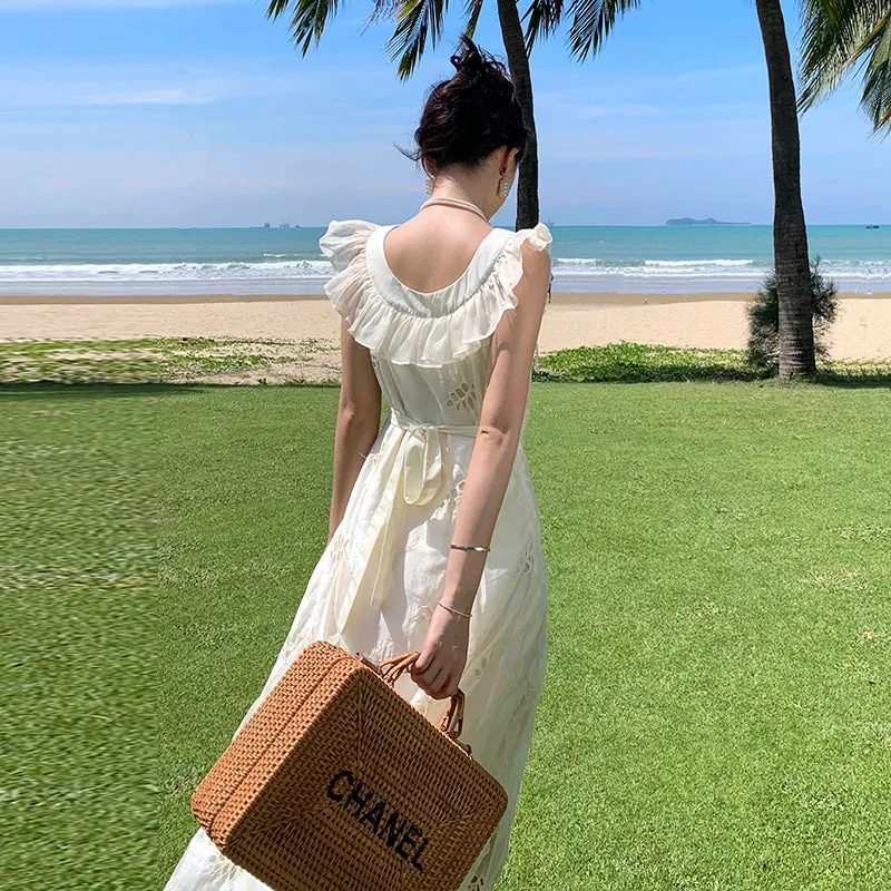 CM-DY000048 Women Trendy Bohemian Style V-Neck Sleeveless Maxi Dress - White