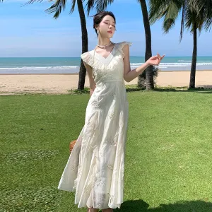 CM-DY000048 Women Trendy Bohemian Style V-Neck Sleeveless Maxi Dress - White
