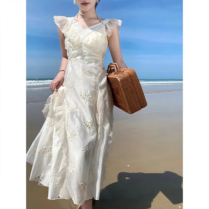 CM-DY000048 Women Trendy Bohemian Style V-Neck Sleeveless Maxi Dress - White