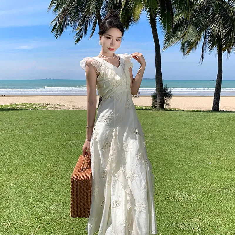CM-DY000048 Women Trendy Bohemian Style V-Neck Sleeveless Maxi Dress - White