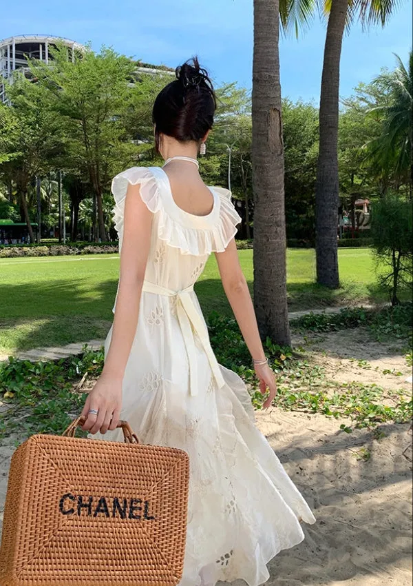 CM-DY000048 Women Trendy Bohemian Style V-Neck Sleeveless Maxi Dress - White