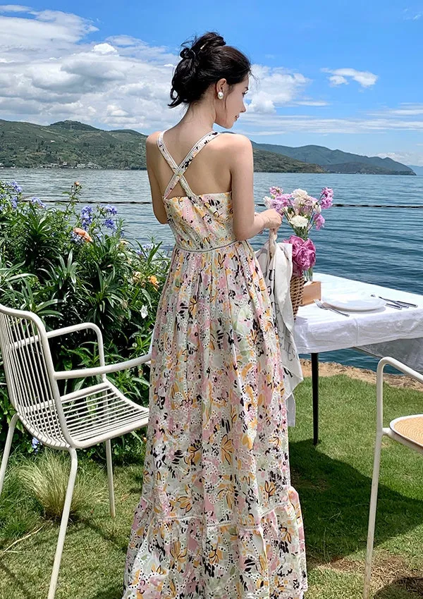 CM-DY000049 Women Trendy Bohemian Style Hollow Embroidered Floral Maxi Dress