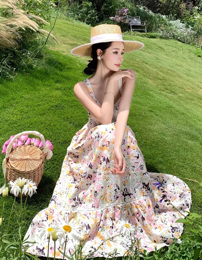 CM-DY000049 Women Trendy Bohemian Style Hollow Embroidered Floral Maxi Dress