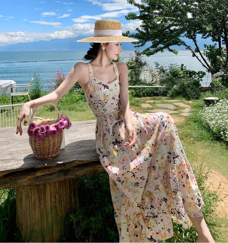 CM-DY000049 Women Trendy Bohemian Style Hollow Embroidered Floral Maxi Dress