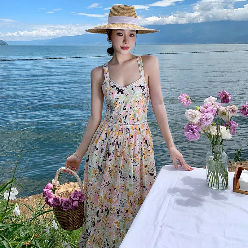 CM-DY000049 Women Trendy Bohemian Style Hollow Embroidered Floral Maxi Dress