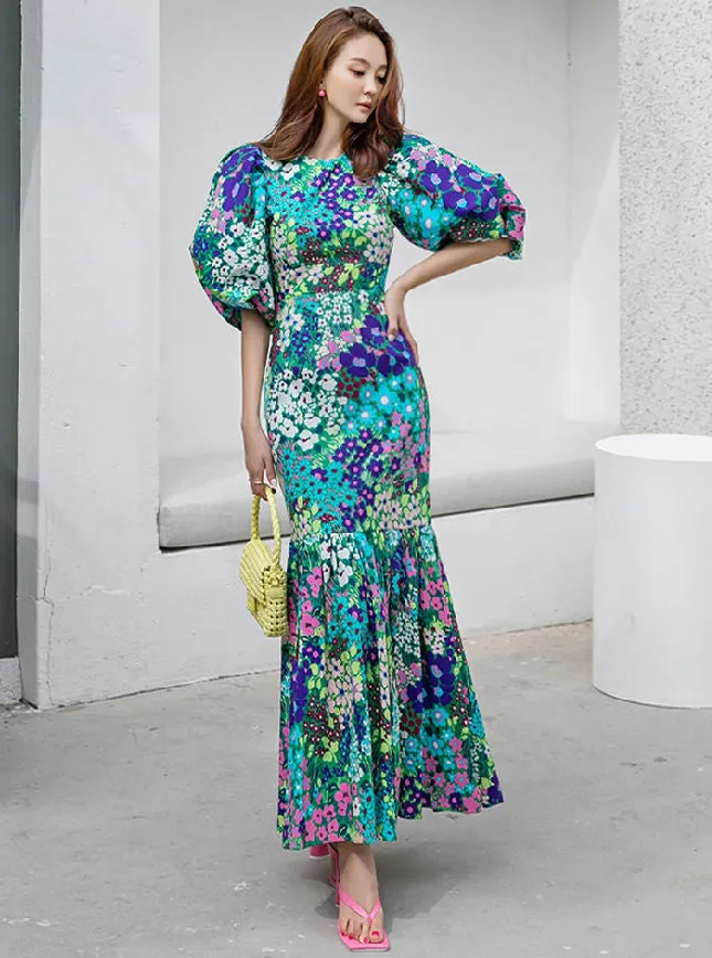 CM-DY075446 Women Trendy Bohemian Style High Waist Floral Puff Sleeve Fishtail Long Dress