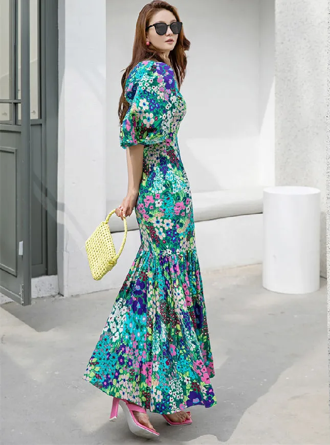 CM-DY075446 Women Trendy Bohemian Style High Waist Floral Puff Sleeve Fishtail Long Dress