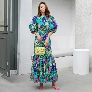 CM-DY075446 Women Trendy Bohemian Style High Waist Floral Puff Sleeve Fishtail Long Dress