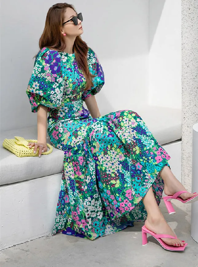 CM-DY075446 Women Trendy Bohemian Style High Waist Floral Puff Sleeve Fishtail Long Dress