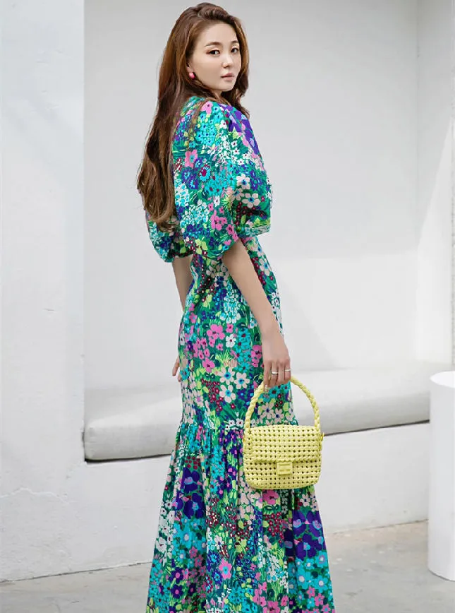 CM-DY075446 Women Trendy Bohemian Style High Waist Floral Puff Sleeve Fishtail Long Dress