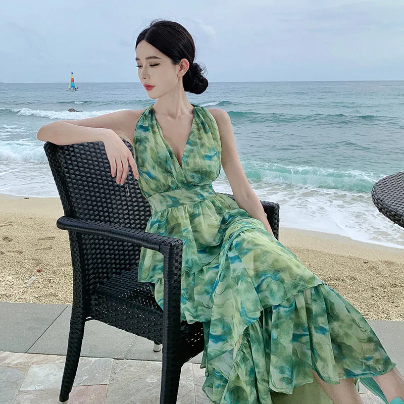 CM-DY093130 Women Trendy Bohemian Style V-Neck Sleeveless Maxi Dress - Green