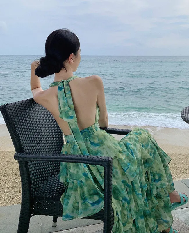 CM-DY093130 Women Trendy Bohemian Style V-Neck Sleeveless Maxi Dress - Green