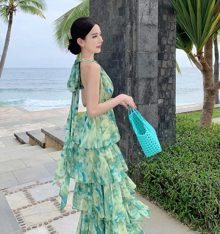 CM-DY093130 Women Trendy Bohemian Style V-Neck Sleeveless Maxi Dress - Green