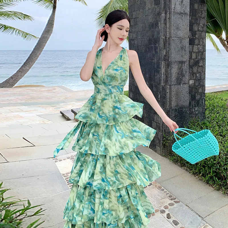 CM-DY093130 Women Trendy Bohemian Style V-Neck Sleeveless Maxi Dress - Green