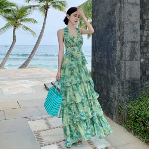 CM-DY093130 Women Trendy Bohemian Style V-Neck Sleeveless Maxi Dress - Green