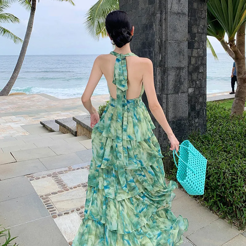 CM-DY093130 Women Trendy Bohemian Style V-Neck Sleeveless Maxi Dress - Green