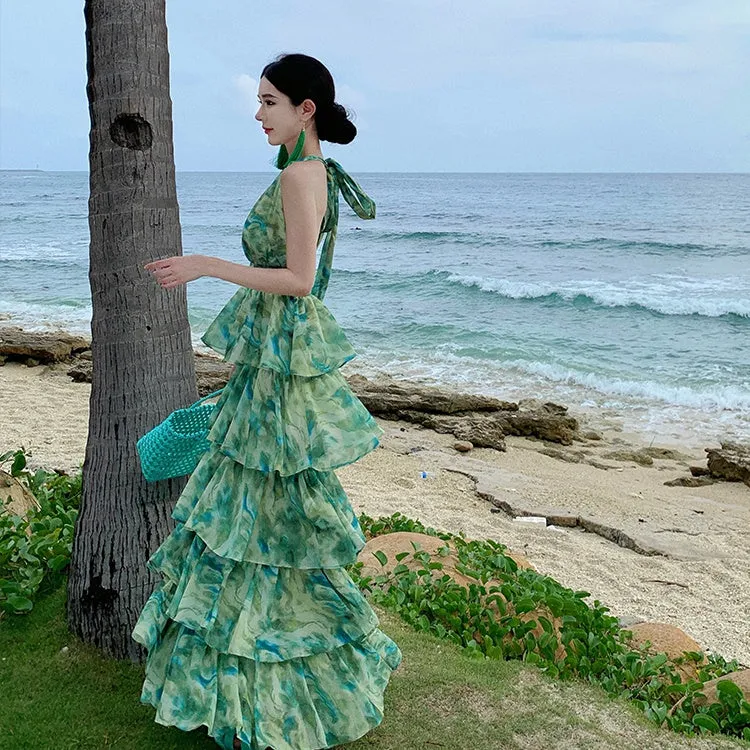 CM-DY093130 Women Trendy Bohemian Style V-Neck Sleeveless Maxi Dress - Green