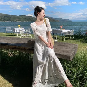 CM-DY093135 Women Trendy Bohemian Style Square Collar Pinched Waist Long Dress